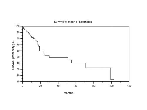 Figure 5. Survival at mean of covariates. The variable “large microvessels” was found to significantly contribute to the prediction of survival time (p =.019).