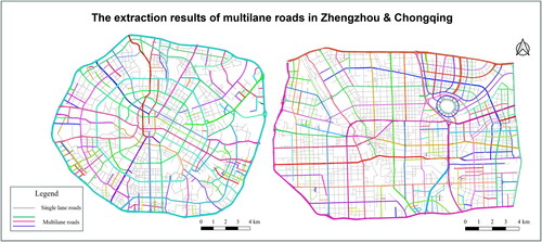 Figure 15. Extraction results for multilane roads in two datasets, where the bold road segments in various colors denote the extracted multilane roads associated with different roads, whereas the grey segments denote the single-lane road.