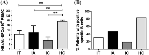 Fig. 4 HBs-specific B cells in CHB patients.a The positive rates of HBs-specific B cells in immune tolerant (IT), immune reactive HBeAg-positive (IA), and inactive HBV carrier (IC) phases were expressed as a percentage. b The frequencies of HBsAb-SFCs among three CHB phases were displayed. **p < 0.01