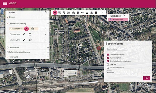 Figure 9. Proposing noise abatements measures (Screen from the application) Note: Refer to Appendix D for short descriptions of German terms.