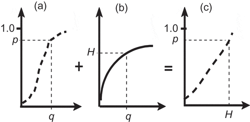 Fig. 1 Derivation of the river stage (H) vs probability (p) function (part (c)) based on (a) the flood-frequency function (q versus p) and (b) the rating curve (H versus q). The flood peak (q) and stage (H) correspond to a designated reference river station. After Loáiciga (Citation2003a). See text for details.