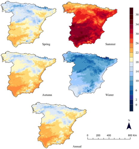 Figure 6. Spatial distribution of annual and seasonal average maximum air temperature.