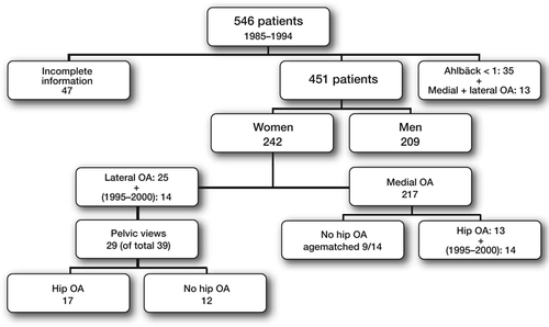 Figure 1. There were 25 women with lateral OA (11 unilateral, 14 bilateral). Further 14 consecutive women operated during 1995–2000 with lateral OA (6 unilateral and 8 bilateral) were included to increase the number of observations. In the primary material we identified further 13 women with medial OA, who also had been operated because of OA of the hip. Further 5 consecutive patients with hip OA and medial OA of the knee from the period 1995–2000 were added to increase sample size resulting in a total of 27 cases to be studied (9 without and 18 with simultaneous hip and knee OA).