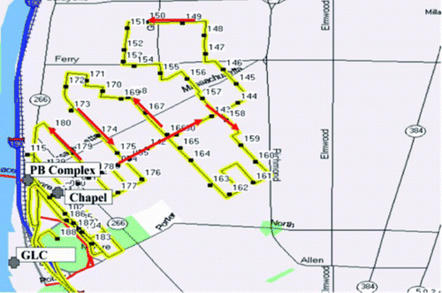 FIG. 3 MAPL monitoring sites tracking ultrafine particles along NE wind trajectory. GPS waypoints are numbered in sequence for the consecutive sites visited during June 24, tracking the MAPL route along an approximate dispersion pattern originating from the general Peace Bridge plaza area. Measurements made with the mobile lab were between 2 and 60 min per site.