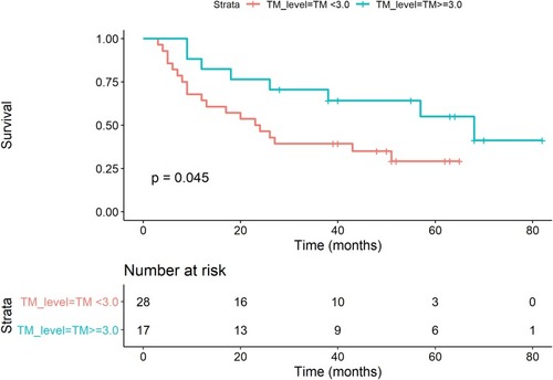 Figure 9 Kaplan–Meier estimates for TM immunoexpression scores versus patient survival (months). Survival data were available for n=45 bladder cancer patients. Applying a TM immunoexpression cut-off score of 3.0 demonstrated that patients with bladder cancer who had a TM immunoexpression score <3.0 had lower survival time (23.5 months). In contrast, patients with TM immunoexpression scores ≥3.0 had longer survival time (40 months) (log-rank; p=0.045).