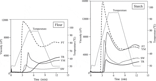 Figure 4. Rapid visco analyzer curves of potato flours and starches