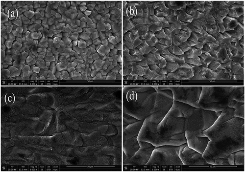 Figure 6. Typical SEM images of the surface of Mg coating in different conditions: (a) untreated coating; (b- d) treated (200 °C, 300 °C, 400 °C).