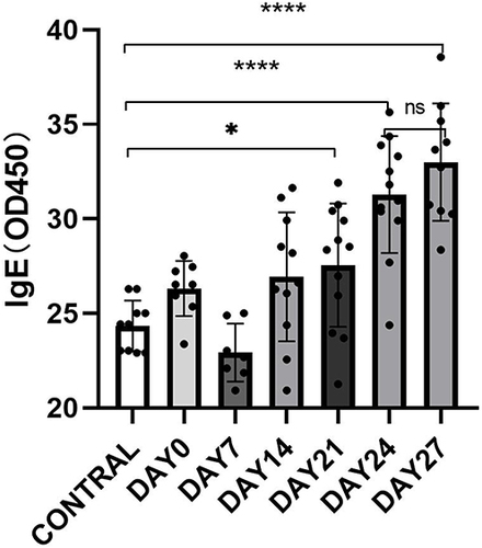 Figure 5 Comparison of serum house dust mite specific IgE antibody levels between experimental mice and control mice *P<0.05, **** P< 0.0001.