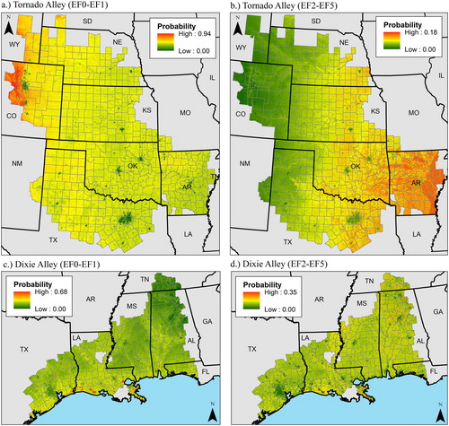 Figure 4. Tornado probability surfaces based on logistic regression coefficients. Please note scales are different between maps to allow visualization of variation. Source: Author