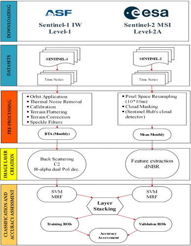 Figure 2. The process flow for the actualized procedure, using open-source software and time-lapse data from Sentinel-1 and Sentinel-2.