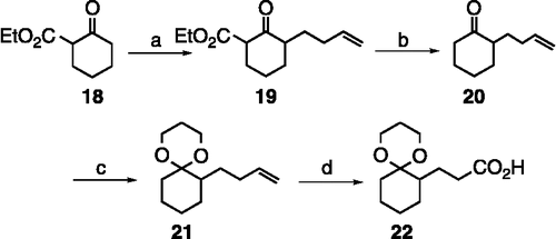 Scheme 2.  (a) LDA (2 equiv), 0°C, then 1-bromo-4-butene, rt, 30 h (78%); (b) 2 N NaOH:MeOH (1:1), reflux, 24 h (90%); (c) 1,3-propanediol, TMSCl, 0°C to rt, 48 h (95%); (d) NaIO4, KMnO4, NaHCO3, acetone/water (2:1), rt, 4 h (90%).