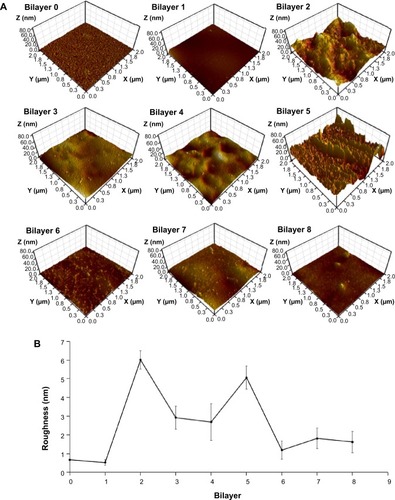 Figure 3 Surface topology of layer-by-layer film.Notes: (A) The morphology of layer-by-layer films (bilayer 0 to bilayer 8) of sodium hyaluronate and chitosan/siRNA nanoparticles studied by atomic force microscopy. (B) The plot of calculated average roughness (Sa) versus the number of bilayers. The film was built up on the same specimen and five random spots on each bilayer were scanned.