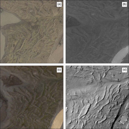 Figure 3. Extracts from the principal remote sensing datasets employed for glacial geomorphological mapping in this study. (a) Colour aerial photographs (0.41 m GSD) from 2006, Loftmyndir ehf. (b) Panchromatic satellite image (0.5 m GSD) from the WorldView-2 sensor, European Space Imaging (June 2012). (c) Multispectral satellite image (2.0 m GSD) from the WorldView-2 sensor, European Space Imaging (June 2012). (d) DEM data visualised as a hillshaded relief model, generated from UAV-captured imagery. Water bodies are poorly resolved in the DEM model, and this is reflected in the missing data towards the bottom right of the image.