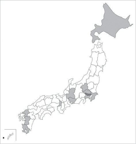 Figure 2. Distribution of local HPV vaccine victim support groups. The gray areas represent 12 prefectures where local HPV vaccine victim support groups are established. The names of the prefectures are Hokkaido, Gunma, Saitama, Kanagawa, Ibaraki, Chiba, Aichi, Gifu, Osaka, Fukuoka, Kumamoto, and Kagoshima (light gray). The nationwide HPV vaccine victim support group liaison office is located in Tokyo (dark gray). The circle represents one municipality, Miyakojima City.