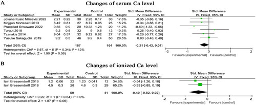 Figure 5. Effect of magnesium supplementation on serum Ca (A) and ionized Ca (B) levels. Ca, calcium.