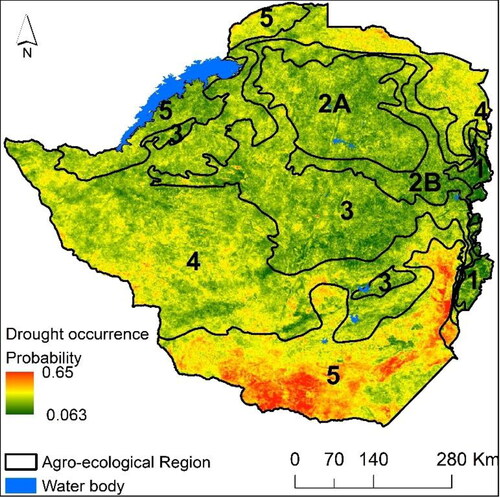 Figure 7. Probability of drought occurrence based on dekadal data from 2000 to 2018.