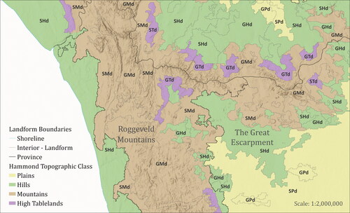 Figure 6. Example of Named Landforms of the World, version 2.0 showing recompiled Murphy’s landforms and their contribution to the definition of named provinces. The thickest black lines indicate province boundaries. The location is on the west coast of South Africa where three provinces meet. The landforms are labeled by codes representing each of Murphy’s variables: S = sedimentary covers; G = Gondwana Shield areas; H = hills; M = mountains; T = high tablelands; P = Plains; d = dry landform areas.