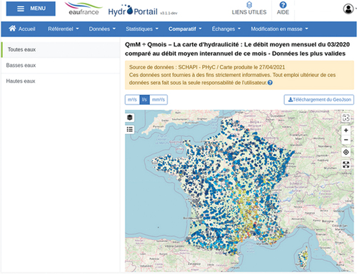 Figure 3. Vue cartographique comparative des données aux statistiques de mars 2020 (Hydraulicité) dans HydroPortail V3.