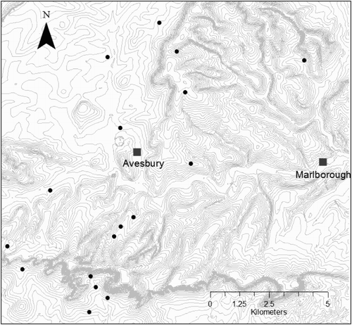 Figure 1. Map of the study area, Tree Sparrow colonies are marked as black circles. Groups of nest boxes that were separated by more than 400 m were defined as colonies.