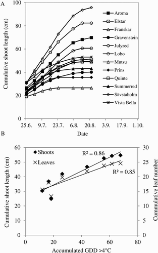 Figure 7. Shoot growth in 12 apple cultivars grown in an experimental orchard at Ås, Norway, in the year 2013. (A) Growth curves for each of the cultivars. (B) Relation between shoot length and accumulated number of leaves versus summer heat accumulation. Coefficient of determination (R²) for the linear regression is shown for each curve.