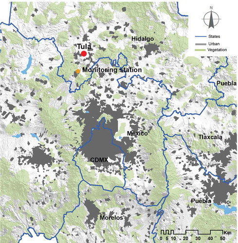 Figure 1. Location of the Tula-Vito-Apaxco industrial corridor (TVAIC) in central Mexico. The dark color corresponds to urban areas; the MCMA corresponds to the gray spot in the center that extends north of Mexico City.