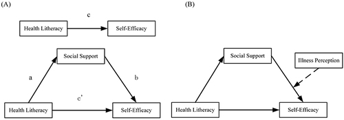 Figure 1 (A) (H1, H2) Conceptual framework for the mediating effect of social support between health literacy and self-efficacy; (B) (H3) The moderating effect of illness perception in the second half pathway.