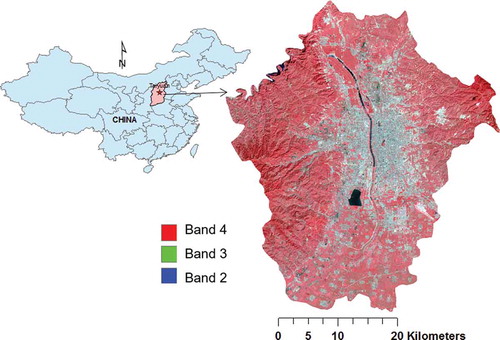 Figure 1. The location of Taiyuan, Shanxi Province, in northern China and the TM image of Taiyuan with red green blue (RGB) = 432.