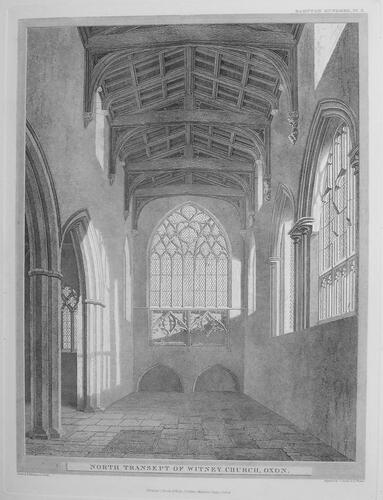 Fig. 8. Print of the interior of the north transept of St Mary, Witney (Oxfordshire), after an engraving by Joseph Skelton, c. 1823. This depicts the relieving arches for short light-shafts which illuminated the crypt belowFrom J. Skelton, Skelton’s Engraved Illustrations of the Principal Antiquities of Oxfordshire, from Original Drawings By F. Mackenzie accompanied with Descriptive and Historical Notices (Oxford 1823)