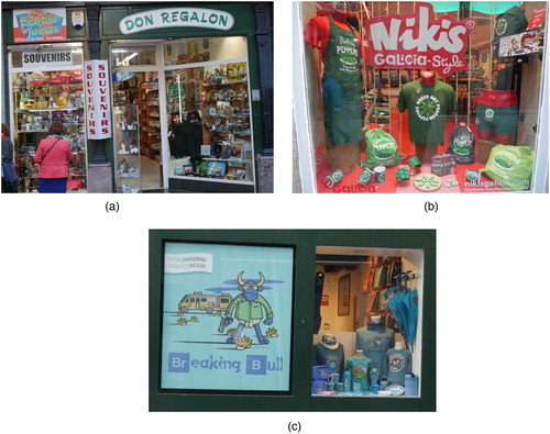 Figure 2. Traditional souvenir store in Bilbao (top left) and branded souvenir stores in Santiago de Compostela (top right) and Pamplona (bottom). Photos by the author.