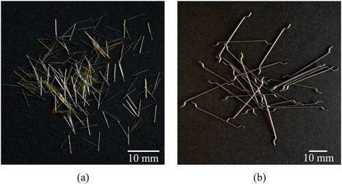 Figure 3. Steel fibres used in this study: (a) short steel fibres; (b) end-hooked fibres.