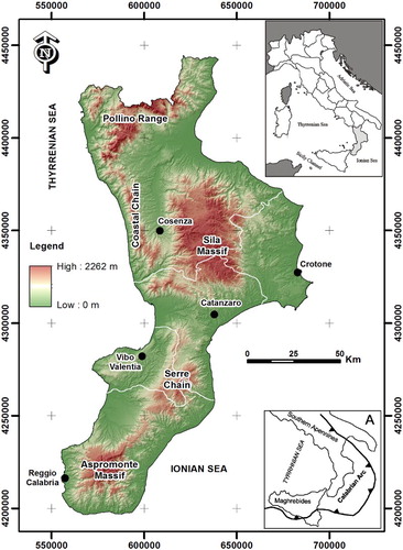 Figure 1. Terrain elevation map for Calabria, southern Italy. White lines are province boundaries.