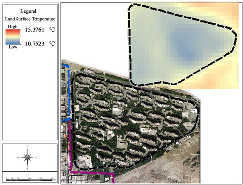 Figure 5. Comparison of LST in the Apadana neighborhood with aerial images (21 February 2019).