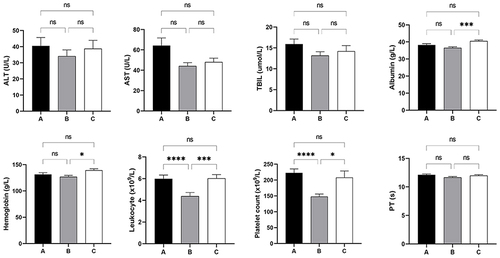 Figure 2 Effects of conversion therapy on biochemical indexes of patients and comparison between preoperative and direct hepatectomy groups. Group A: Patients in the conversion group before receiving treatment; Group B: Patients in the conversion group before undergoing hepatectomy; Group C: Patients in direct hepatectomy group. *P < 0.05, ***P < 0.001, ****P < 0.0001.