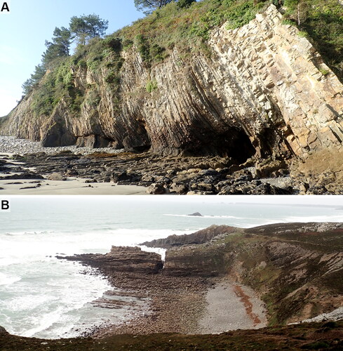 Figure 7. A case study from the Armorican Sandstone Formation of northwestern France illustrating the impact of modern tides on trace-fossil observations. Block diagrams depicting outcrop quality for the two sites can be found on Figure 8. (A) Beds of the intermediate and upper member at Morgat are exposed on a cliff face and are easily accessible by foot on a beach. Note the good exposure of both vertical profiles and bed bases and tops, enhanced by the presence of local caves at the base of the cliff. The site is mostly considered a stepped exposure (Figure 8A). (B) Beds of the intermediate and upper member at Kerroux are only accessible at low tides, and are severely affected by the erosive action of modern waves, storms, and tides. Gaps of exposure and polishing of bed surfaces are common (Figure 8B), rendering the preservation potential of horizontal trace fossils low.