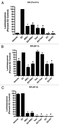 Figure 3. Effect of RWJ67657 on ER mutant function. HEK293 cells were transfected with ER mutant plasmids containing: (A) Thr311Ala phosphorylation site knockout, (B) AF-2 domain knockout or (C) AF-1 domain knockout. Subsequently, cells were treated as shown. Cells treated with E2 were set to 100. Mean values ± SEM of three different experiments in triplicate (*p < 0.05 compared with Vehicle control, #p < 0.05 compared with E2 control).