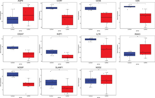 Figure 8. Expression validations of CD247, CCR7, CD5, IKZF1, SLAMF1, CD3E, IL7R, AQP9, NOD2, IRAK3, and NOSIP in GSE94916 dataset. *p value < 0.05; **p value < 0.01; ns: not significant.
