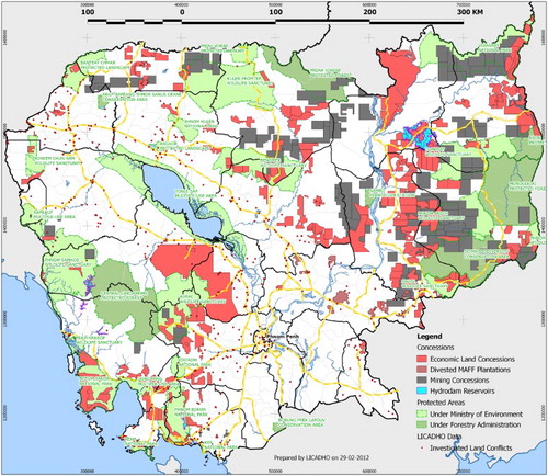 Figure 1: Map showing land concessions in Cambodia. As much as 22% of Cambodia’s land has been sold for economic concessions or other development projects in recent years (LICADHO & The Cambodia Daily, Citation2012)