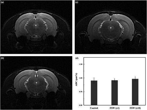 Figure 5. In vivo detection of brain edema formation at 3 hr after FSW treatment. (a) control, (b) FSW (×1), and (c) FSW (×10) groups; (d) comparisons of apparent diffusion coefficient (ADC) values of the control, FSW (×1), and FSW (×10) groups (n = 6).