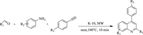 Scheme 15. Microwave reported synthesis of substituted quinolines using montmorillonite K-10 catalyst.