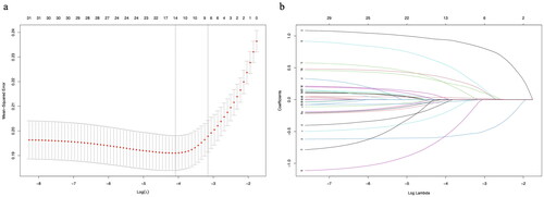 Figure 2. The potential risk factors were selected using the LASSO regression. a: Trend graph of variance filter coefficients. Each colour curve represents a trend in variance coefficient change. b: Graph of cross-validation results. The vertical line on the left side represents λ min, and the vertical line on the right side represents λ 1se. λ min refers to the λ value corresponding to the minimum mean squared error (MSE) among all λ values; λ 1se refers to the λ value corresponding to the simplest and best model obtained after cross-validation within a square difference range of λ min.