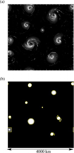 Fig. A.1.  (a) Reference plot of σ showing N v=10 significant vortices at t=8.75 d in the LT RAMS simulation with T s=30°C and f=10−4 s−1. The greyscale is the same as in Fig. 3. (b) Illustration of the areas used to search for the height-dependent vortex centres. A 0,α covers the white region in the vicinity of a particular vortex; A 1,α covers the white and light grey regions; A 2,α covers the white, light grey and dark grey regions. The boundaries of A 2,α are traced with yellow contours to aid the eye. In general, .