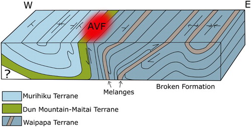 Figure 2. Schematic representation of the expected crustal structure under the greater Auckland area, from the surface to the base of the lithosphere, after Eccles et al. (Citation2005). Not to scale. Brown: thin ocean floor slivers marking the base of thrust slices of broken formation terrigenous clastics in the accreted Waipapa Terrane. Depth extent is only speculative, but would not be valid at and below the brittle/ductile boundary (c. 10 km depth).