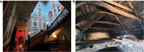 Figure 1. (Left): interior view of the stair all, Powderham Castle. figure 1b (right): interior view of the medieval longhouse in higher uppacott.