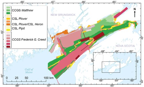 Figure 1. MBES data coverage for individual surveys in the Bay of Fundy, Canada. Each colour group represents surveys collected by the same vessel, with different shades representing various years. Note that CSL Plover/CSL Heron data were obtained as a combined pre-processed grid. A more comprehensive list of individual backscatter mosaic coverages and their respective survey year is provided in the Main Map.