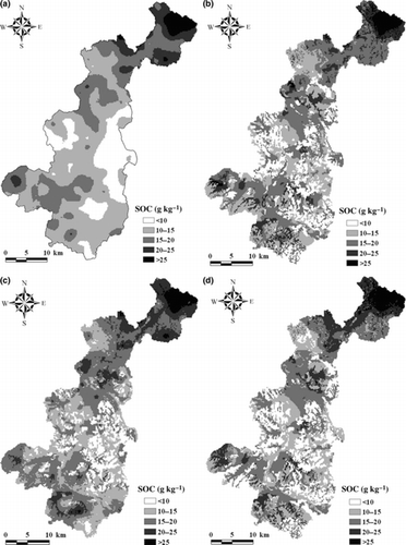 Figure 8  Soil organic carbon (SOC) distribution maps generated from the four kriging approaches (a, b, c, and d are for ordinary kriging [OK], kriging combined with soil-type information [KST], land use [KLU] and combined land use–soil type information [KLUST], respectively).