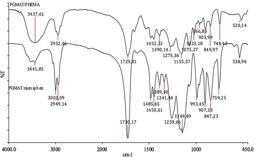 Figure 3. FTIR spectrum of PGMAT microspheres and PGMAT/PHEMA cryogel composite system.