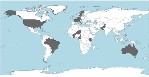 Figure 2. World map showing the countries for which researchers have managed to obtain commercial microwave link data (shaded areas) for the purpose of rainfall monitoring (from van het Schip et al. Citation2017).