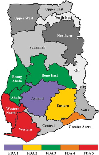 Figure 1. Administrative map of Ghana and its sixteen different regions. The indicated coloured regions represent the ones where the samples were collected.