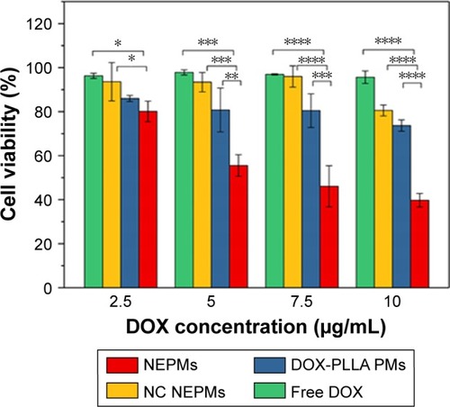 Figure 7 Evaluation of the antiproliferative effect of NEPMs.Notes: Graphical representation illustrating the cell viability count of H69AR cancer cells after treatment with various sample combinations of NEPMs at an equivalent concentration of DOX. *Statistical significance, P<0.05; **P<0.01; ***P<0.001; ****P<0.0001.Abbreviations: DOX, doxorubicin hydrochloride; NC, negative control; NEPM, nano-embedded porous microparticle; PM, porous microparticle; PLLA, poly-l-lactide.