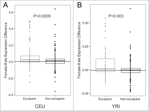 Figure 3. Genes with CpGs predicted to escape inactivation have increased levels of expression (A–B) Expression values for genes containing CpGs that escape methylation compared with genes containing CpGs that are subject to methylation on the Xi in the CEU population (A) and the YRI population (B). P-values were calculated using the Student's t-test.